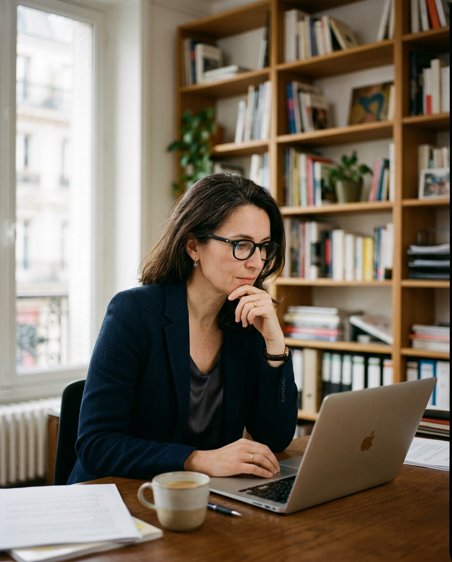 Une directrice des ressources humaines lisant un dossier sur son ordinateur, dans un bureau parisien